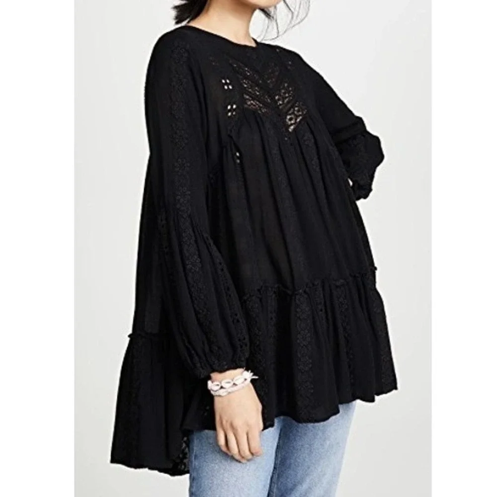 Free People Kiss Kiss Tunic Large Black Lace Boho‎ Festival Witchy Whimsigoth